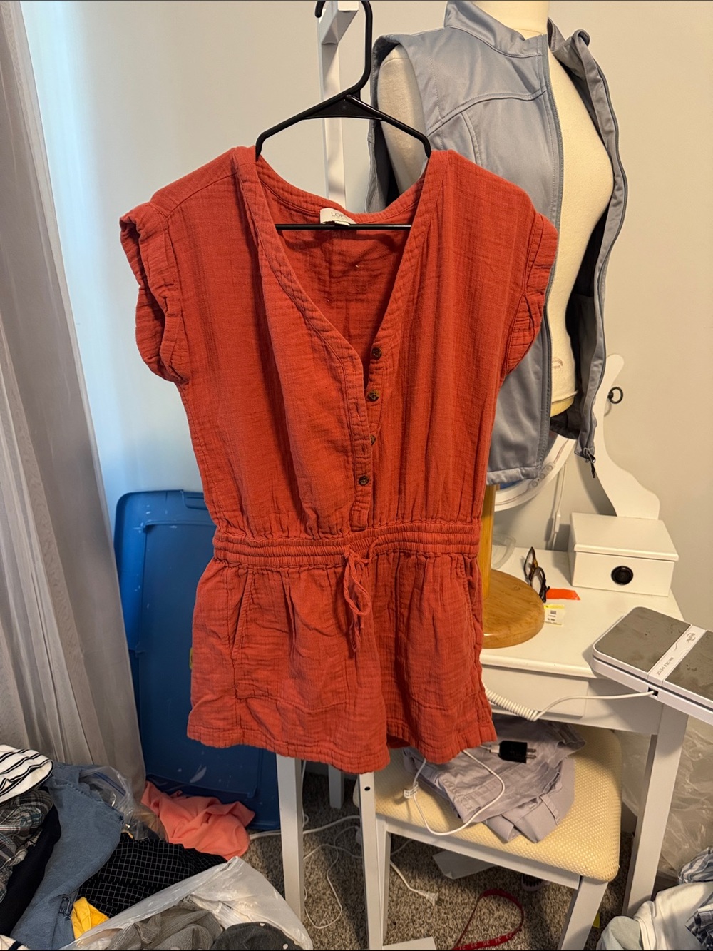 LOFT Rust Red Short-Sleeve Button Tie-Waist Tunic